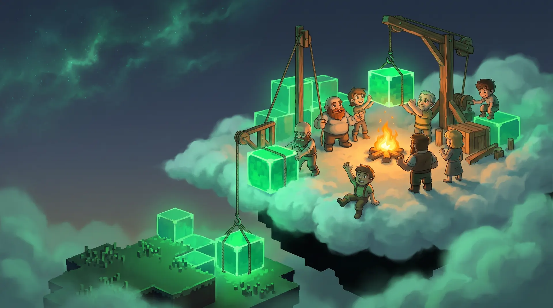 Builders gathered around a campfire on a floating cloud island, lifting glowing cubes with a wooden crane; one of them waves