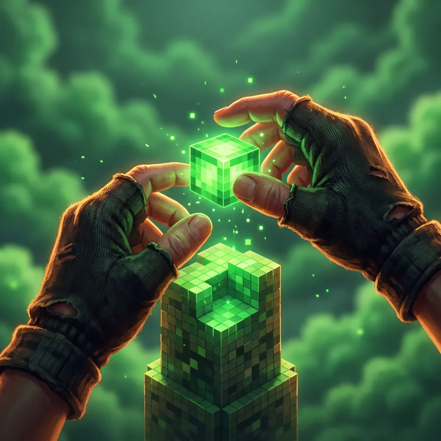 Two gloved hands placing a glowing green cube on top of a half-built pixel tower