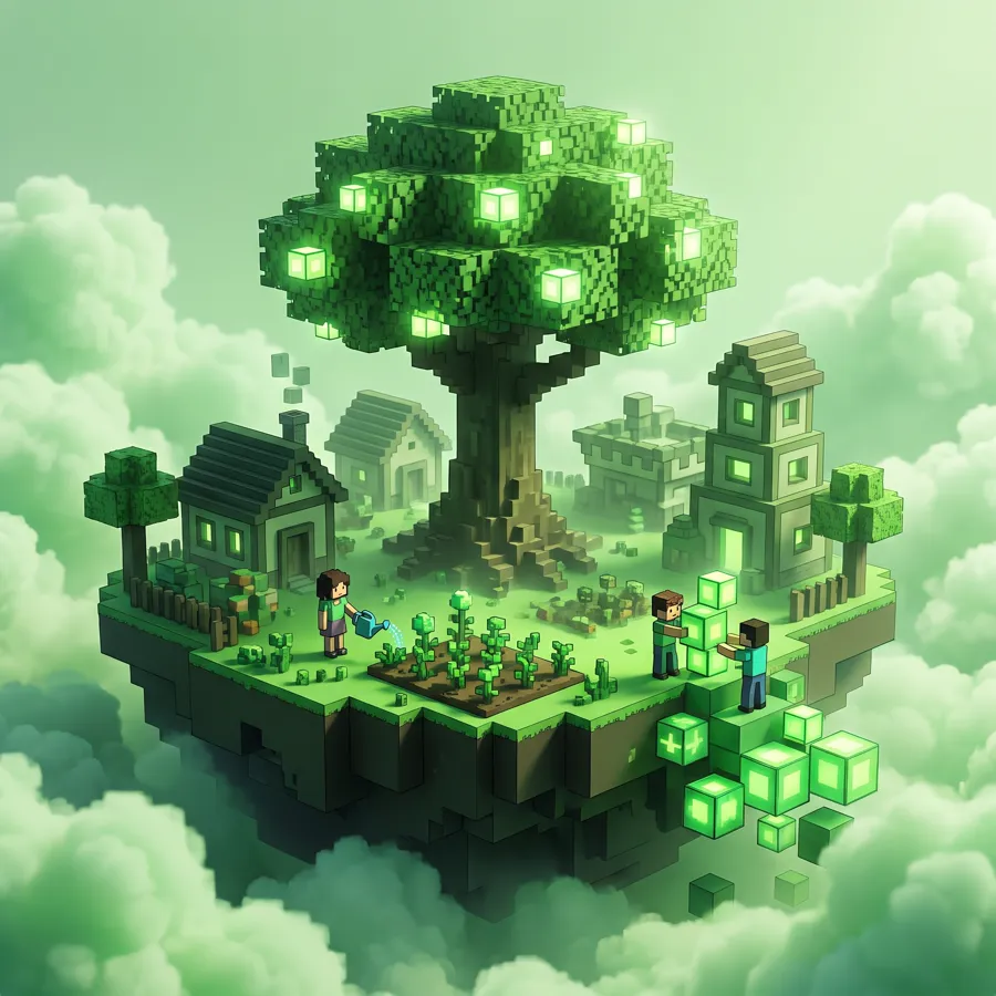 A floating island with a big pixel tree, small houses and people stacking new cubes at its edge