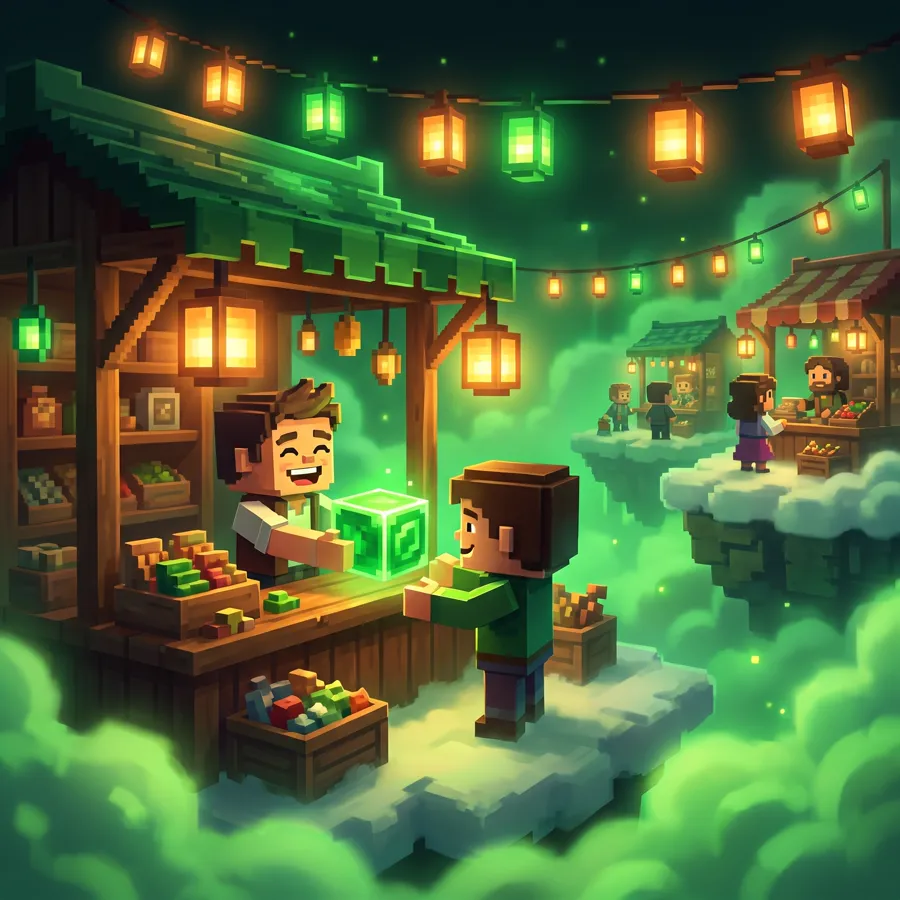 Two pixel characters laughing at a lantern-lit market stall, handing over a glowing cube